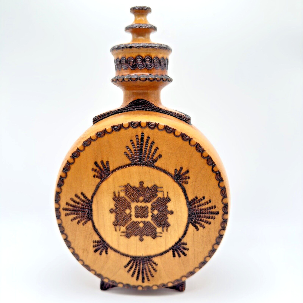 Vintage Flask Wood Hand Carved With Stopper Pyrography Folk Art Decorative Boho